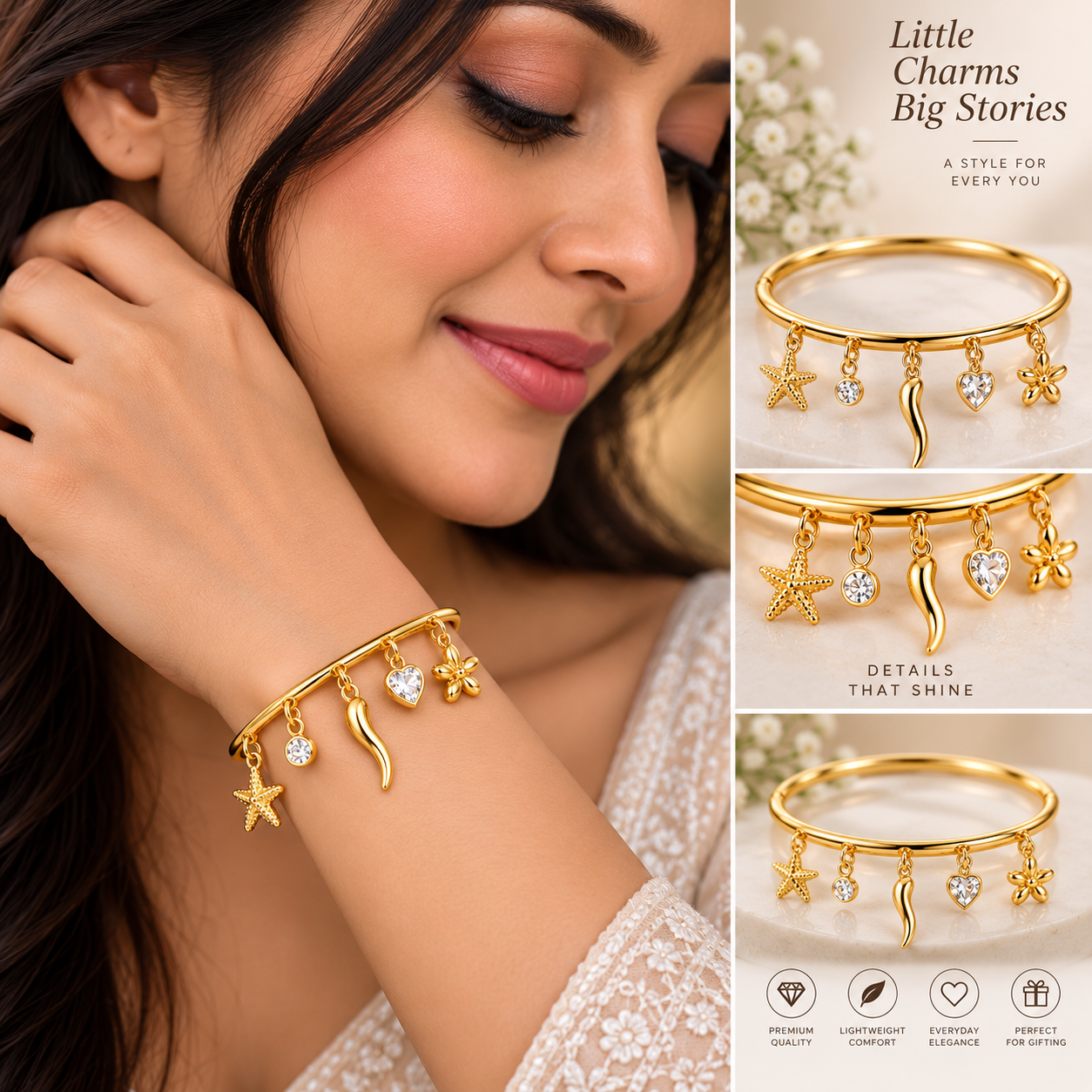Golden Five-Charm Crystal Bangle Bracelet
